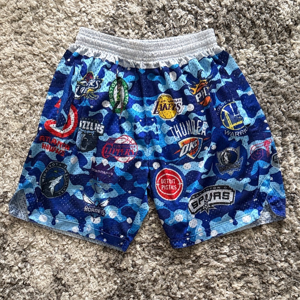 All-Over NBA Logo Blue Camo Basketball Shorts